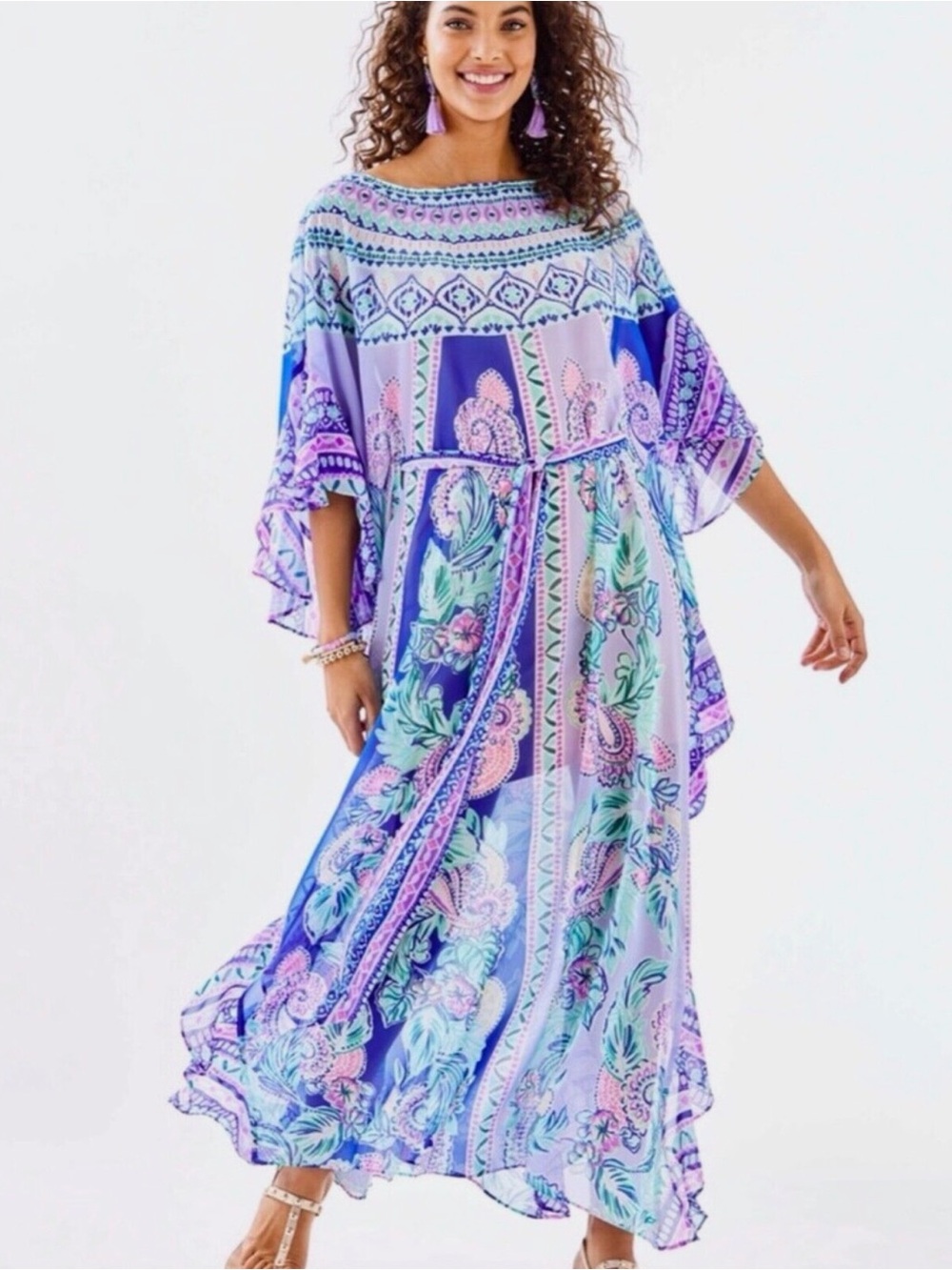 Lilly Pulitzer Monnae Midi Caftan Flowly Sheer Dress with Nude Slip Size S/M